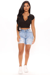Just How I Like Ripped Stretch Denim Shorts - Medium Blue Wash Ins Street